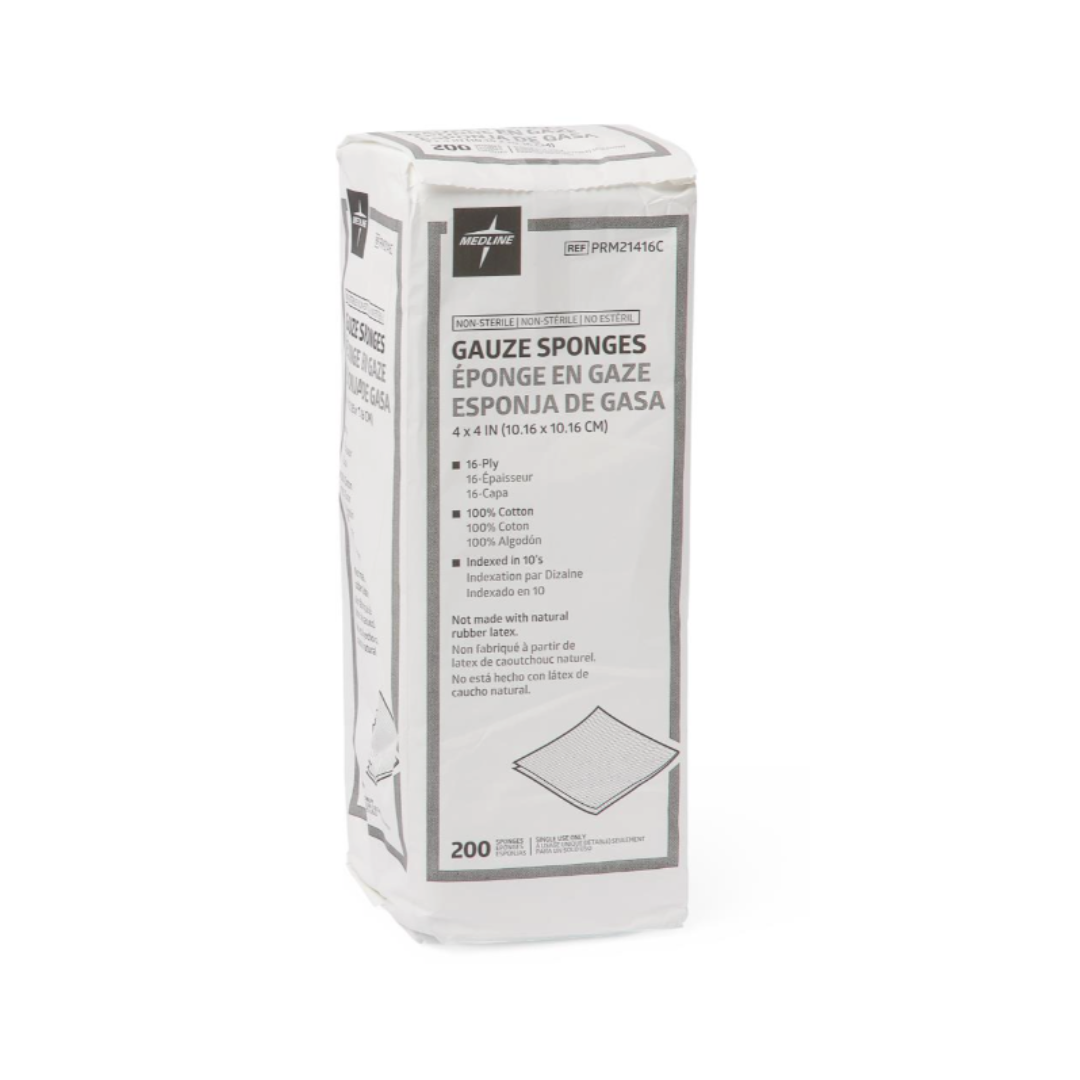 A sealed pack of Medline Nonsterile 100% Cotton Woven Gauze Sponges, 4 x 4 inches, 12-ply. Contains 200 nonsterile sponges with label info in English, French, and Spanish.